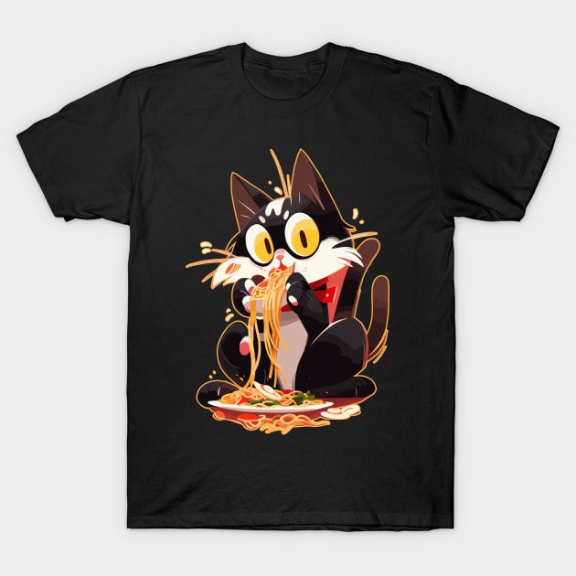 Black cat eating ramen T-Shirt by laverdeden